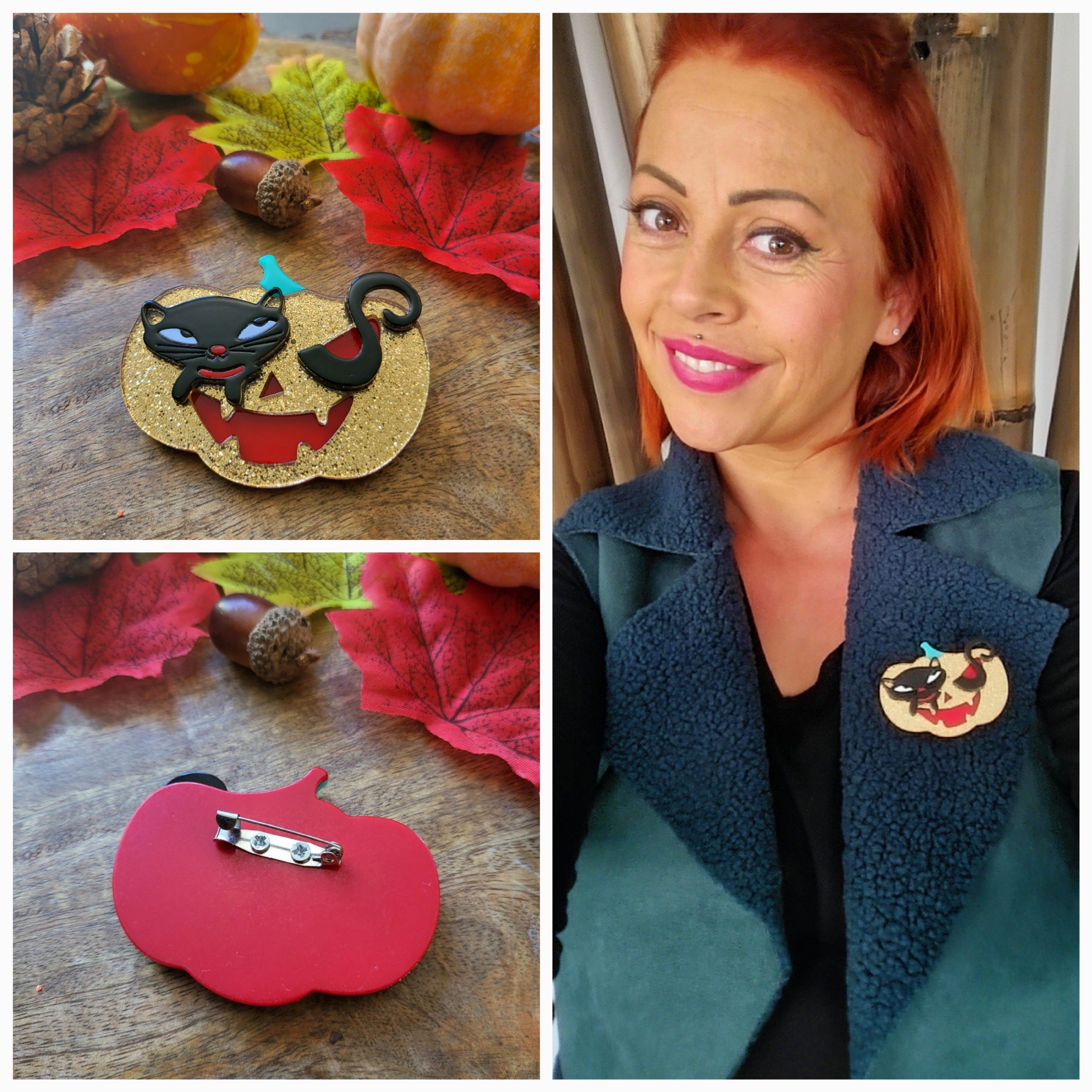 Broche en Acrylique 3D, haute qualité - Chat Citrouille