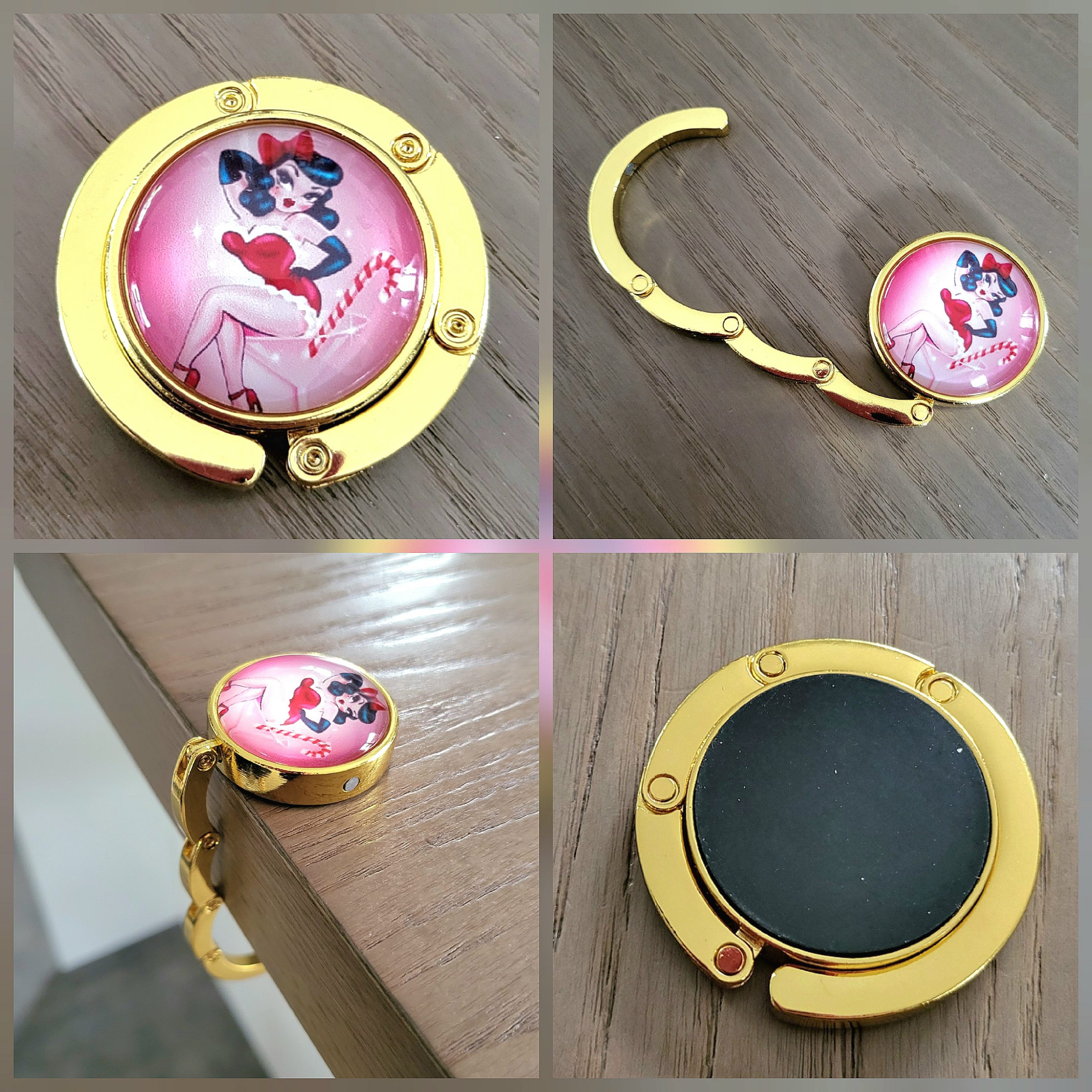 Porte Sac à main, acier et cabochon, doré - Pin'Up Noël