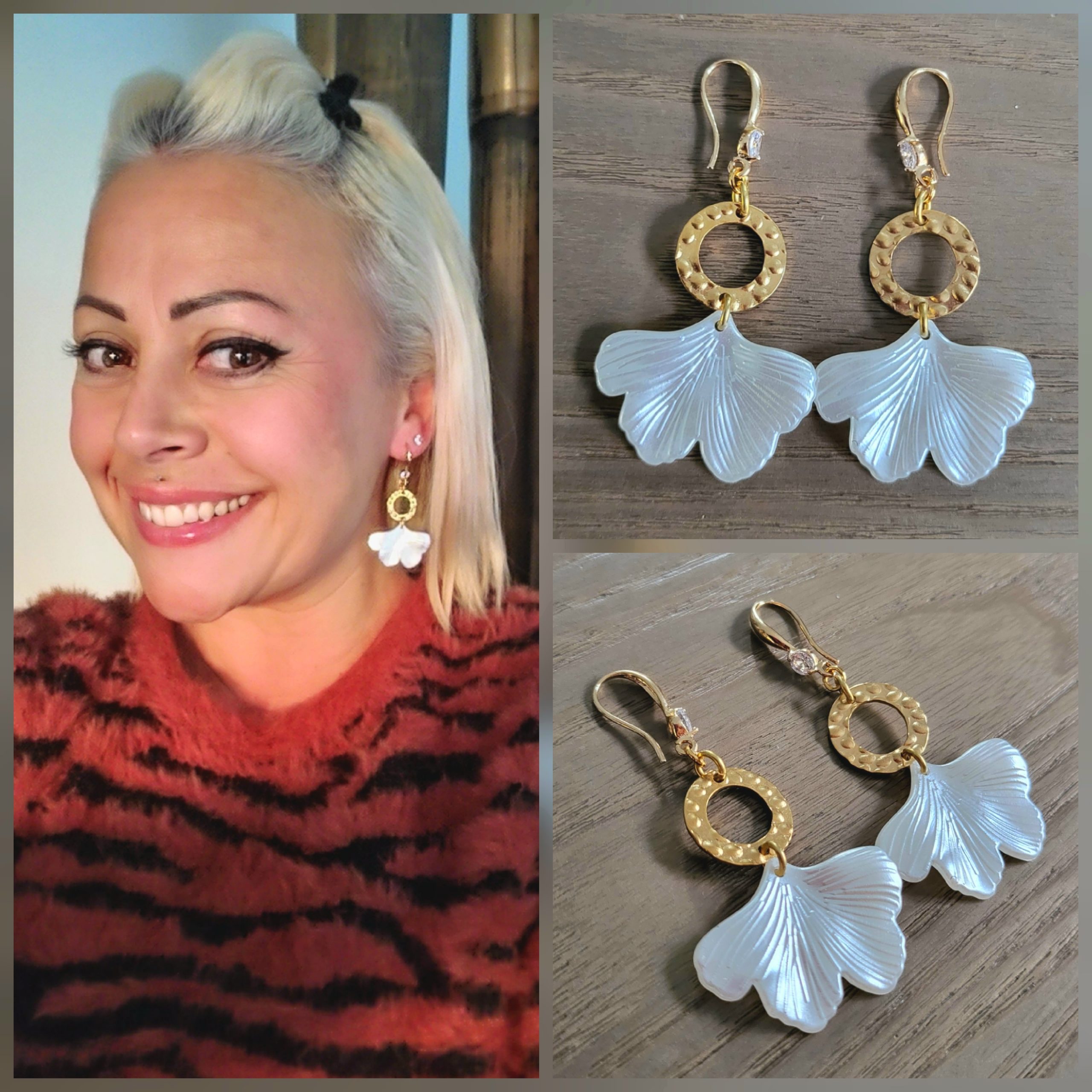 Boucle d'oreille acier doré, Blanc nacré - Ginkgo 2