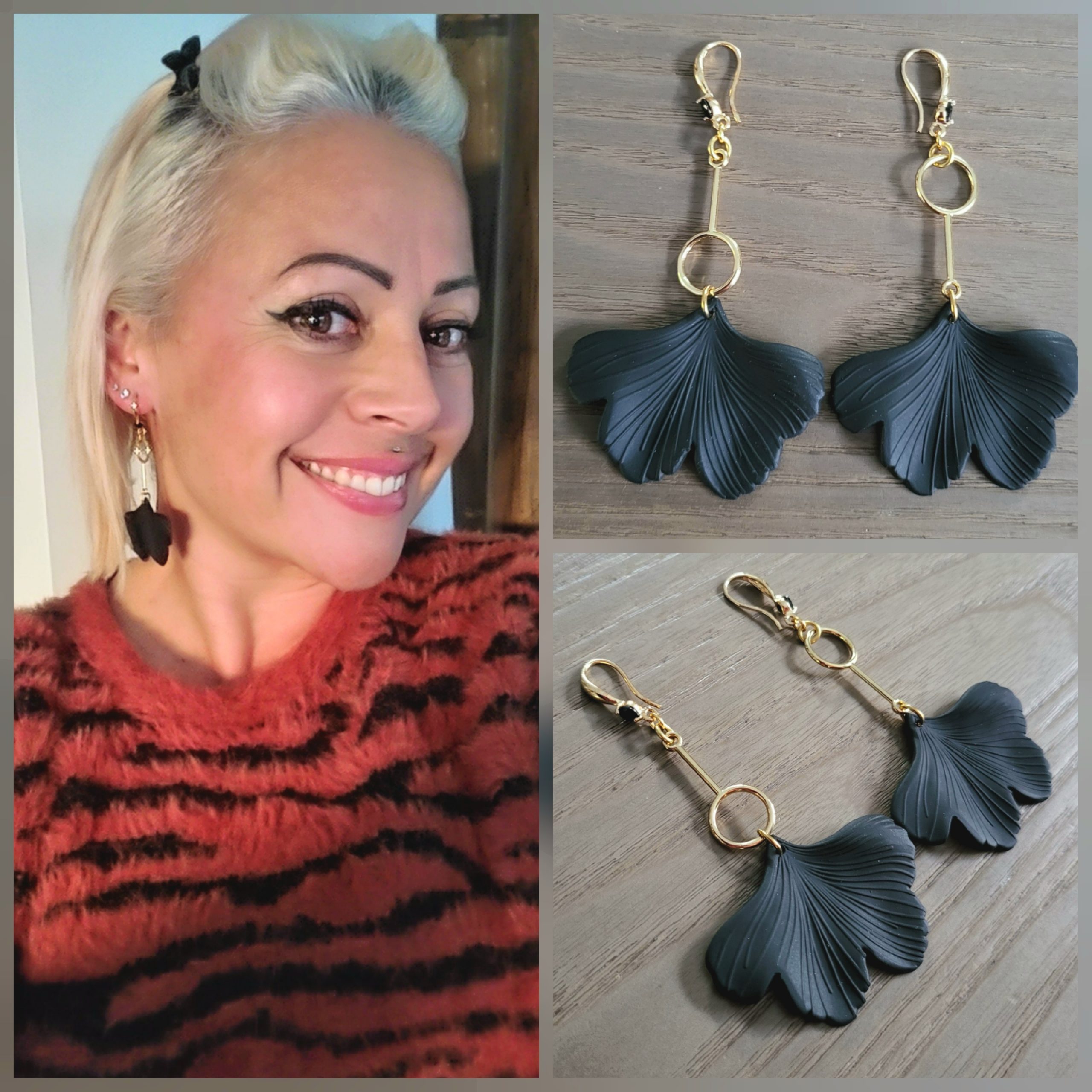 Boucle d'oreille acier doré, asymétrique, noire mate - Ginkgo 2