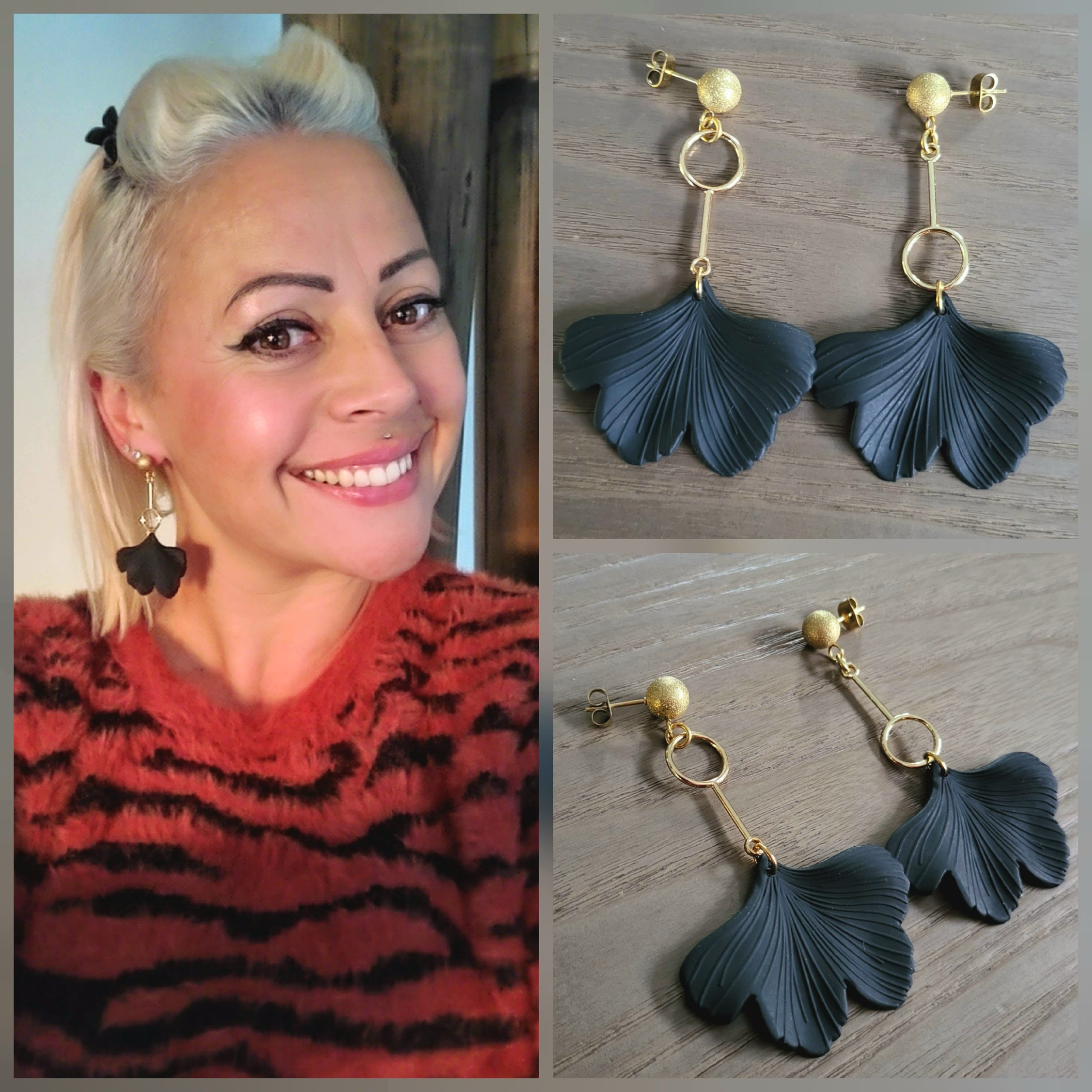 Boucle d'oreille acier doré, asymétrique, noire mate - Ginkgo 1