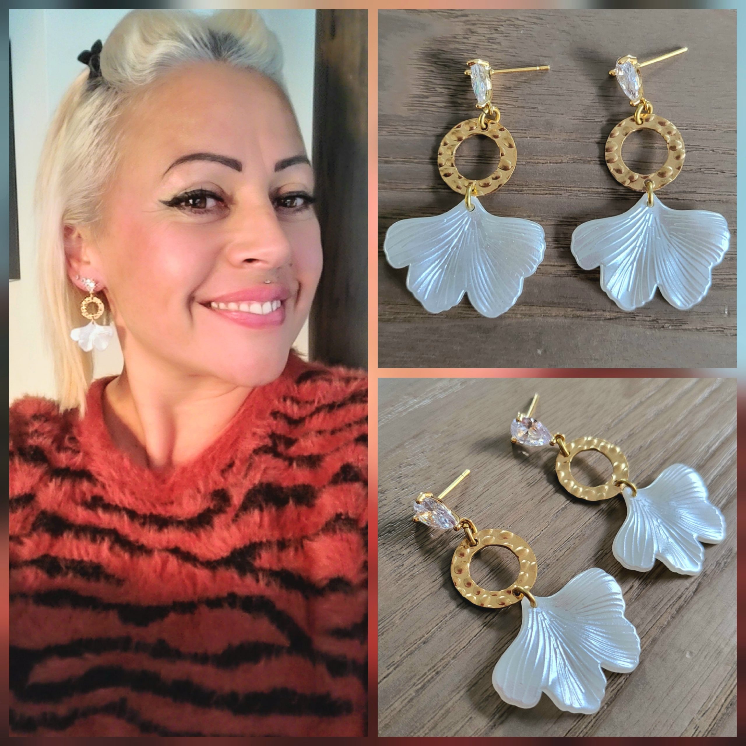 Boucle d'oreille acier doré, Blanc nacré - Ginkgo 3