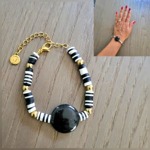 Bracelet ajustable, perles plates Siliconées et résine - Noir Blanc