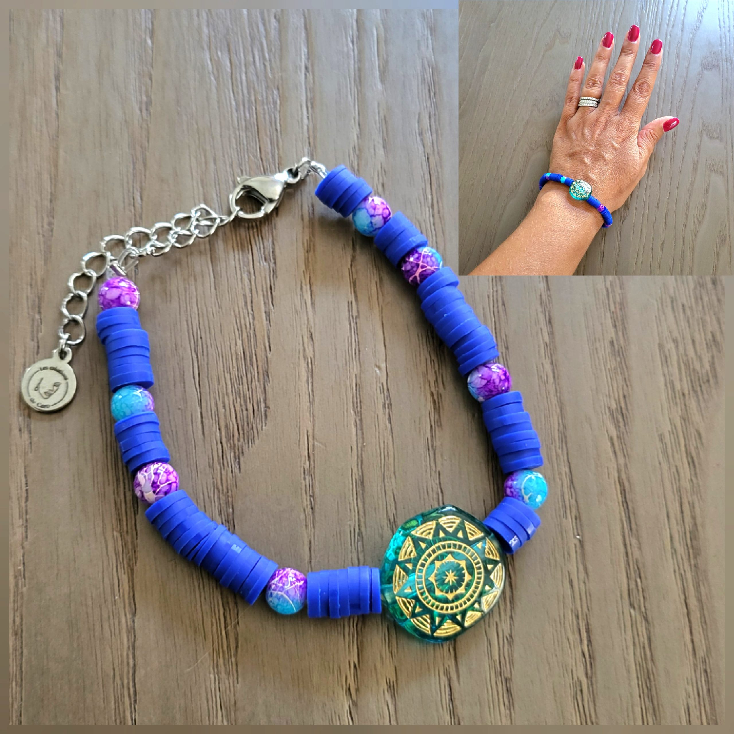 Bracelet ajustable, perles plates Siliconées et résine - Bleu violet