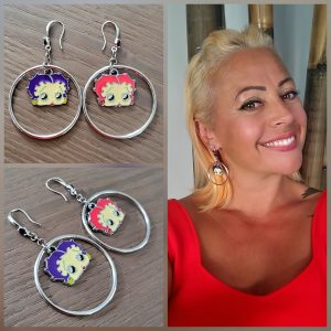 Boucle d'oreille acier émaillé et crochet Zirconium- Betty Boop