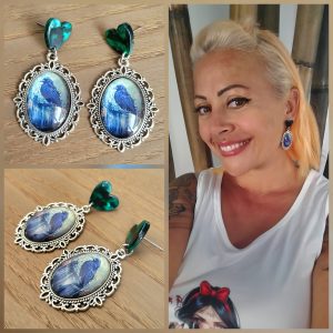 Boucle d'oreille cabochon, argenté vieilli - Crow