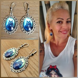 Boucle d'oreille cabochon, argenté vieilli, crochet Zirconium - Black Cat