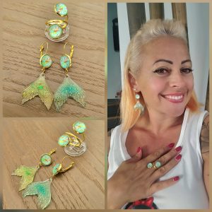 Parure BO et Bague ajustable, métal doré - Pin' Up Sirène 1