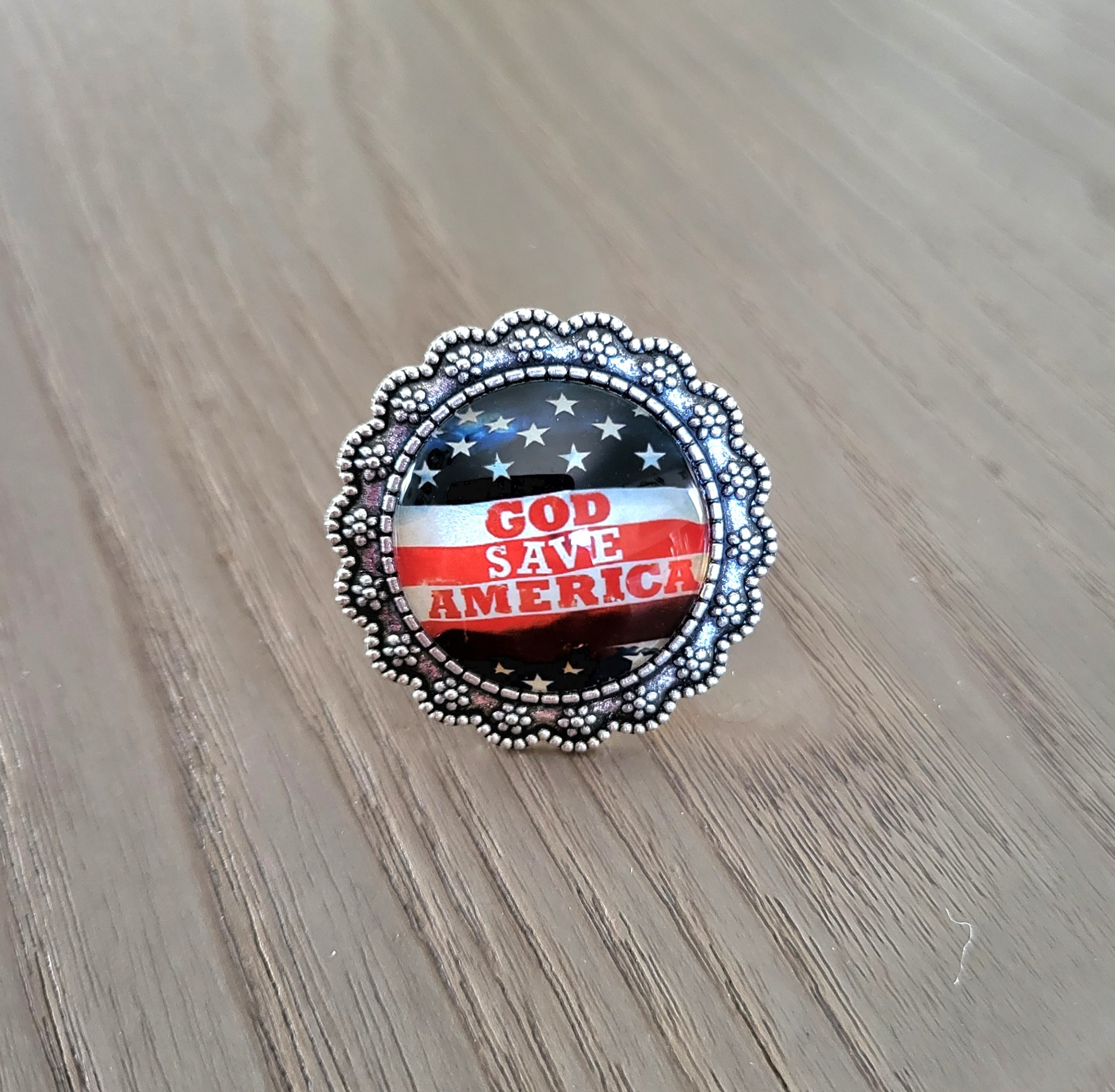 Bague cabochon, ajustable métal argenté vieilli - América