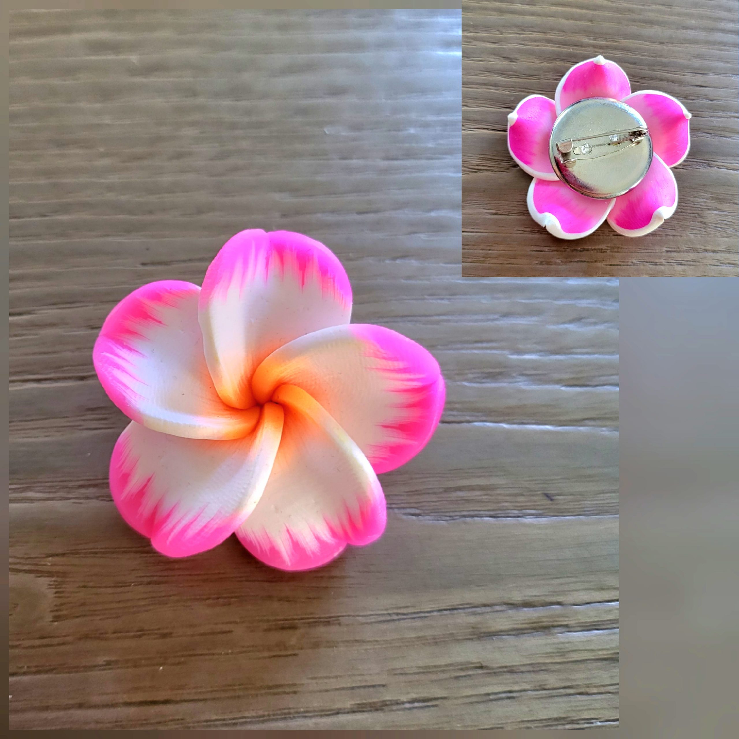 Broche fleur de Tiaré, pâte polymère - Tiki 1