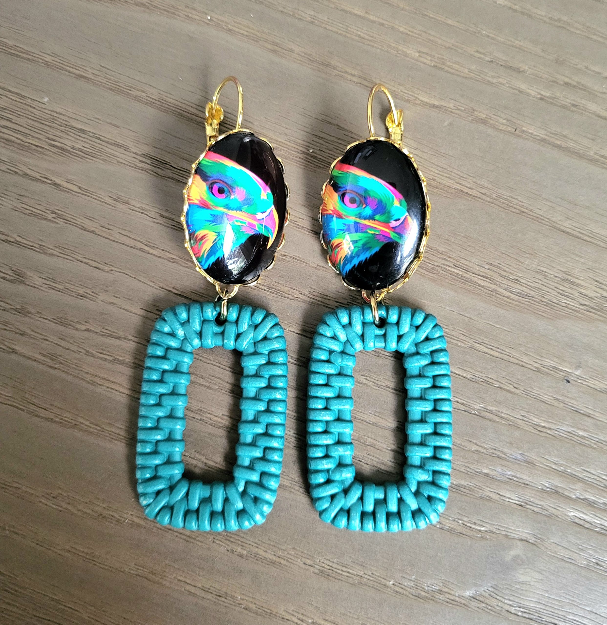 Dormeuse acier doré, cabochon, Animal sauvage - Aigle Pop Art