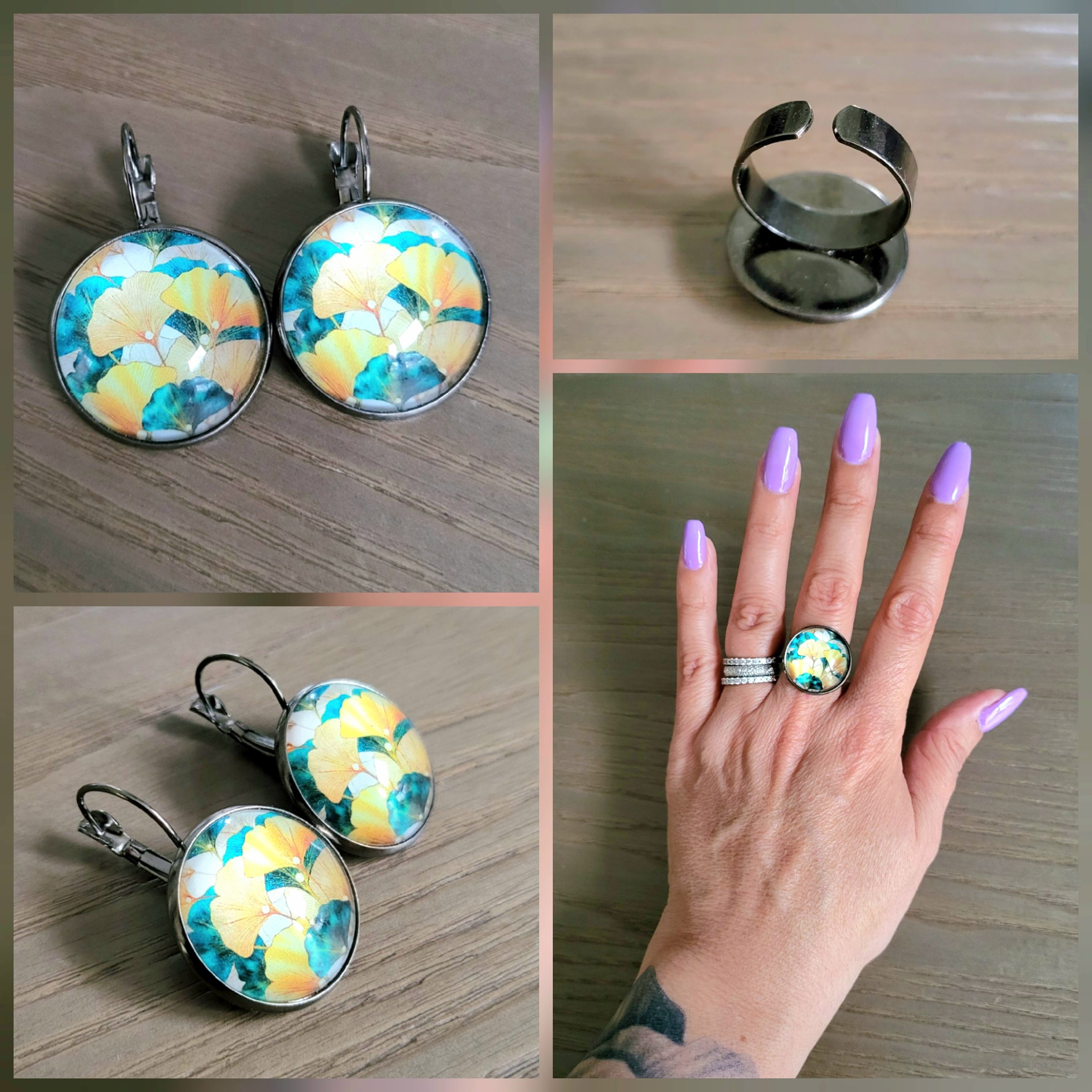 Parure Dormeuse cabochon et bague ajustable - Ginkgo 1