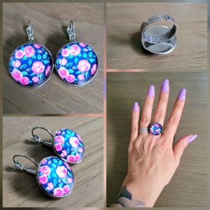Parure Dormeuse cabochon et bague ajustable - Rosier 3
