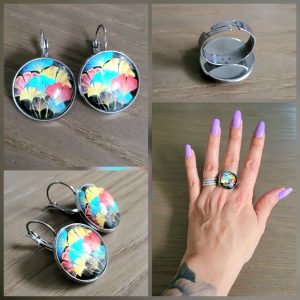 Parure Dormeuse cabochon et bague ajustable - Ginkgo 3