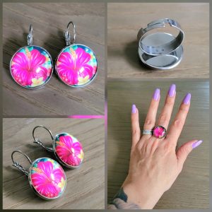Parure Dormeuse cabochon et bague ajustable - Hibiscus