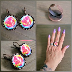 Parure Dormeuse cabochon et bague ajustable - Rosier 2