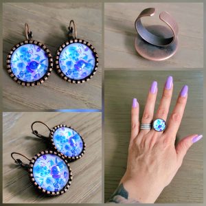 Parure Dormeuse cabochon et bague ajustable - Myosotis