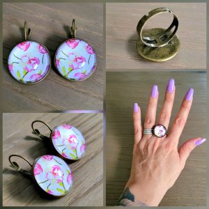 Parure Dormeuse cabochon et bague ajustable - Magnolia