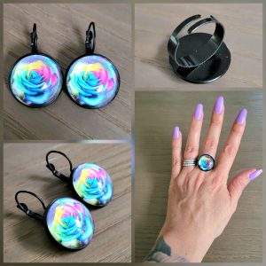 Parure Dormeuse cabochon et bague ajustable - Rosier