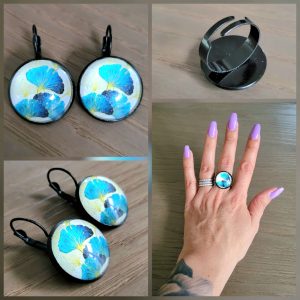 Parure Dormeuse cabochon et bague ajustable - Ginkgo 2