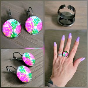 Parure Dormeuse cabochon et bague ajustable - Pivoines