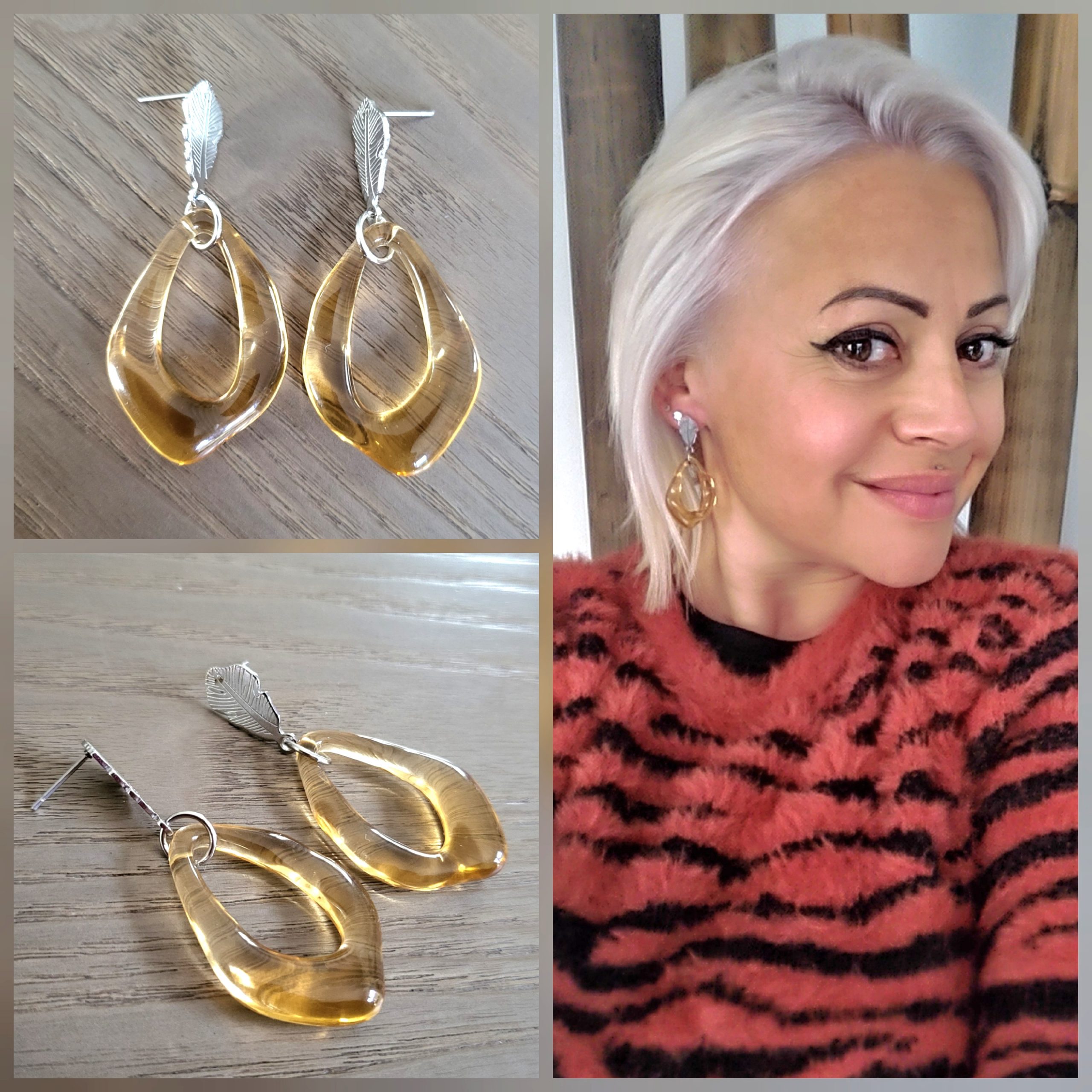 Boucle d'oreille résine translucide et Acier - "Milky" Ambré