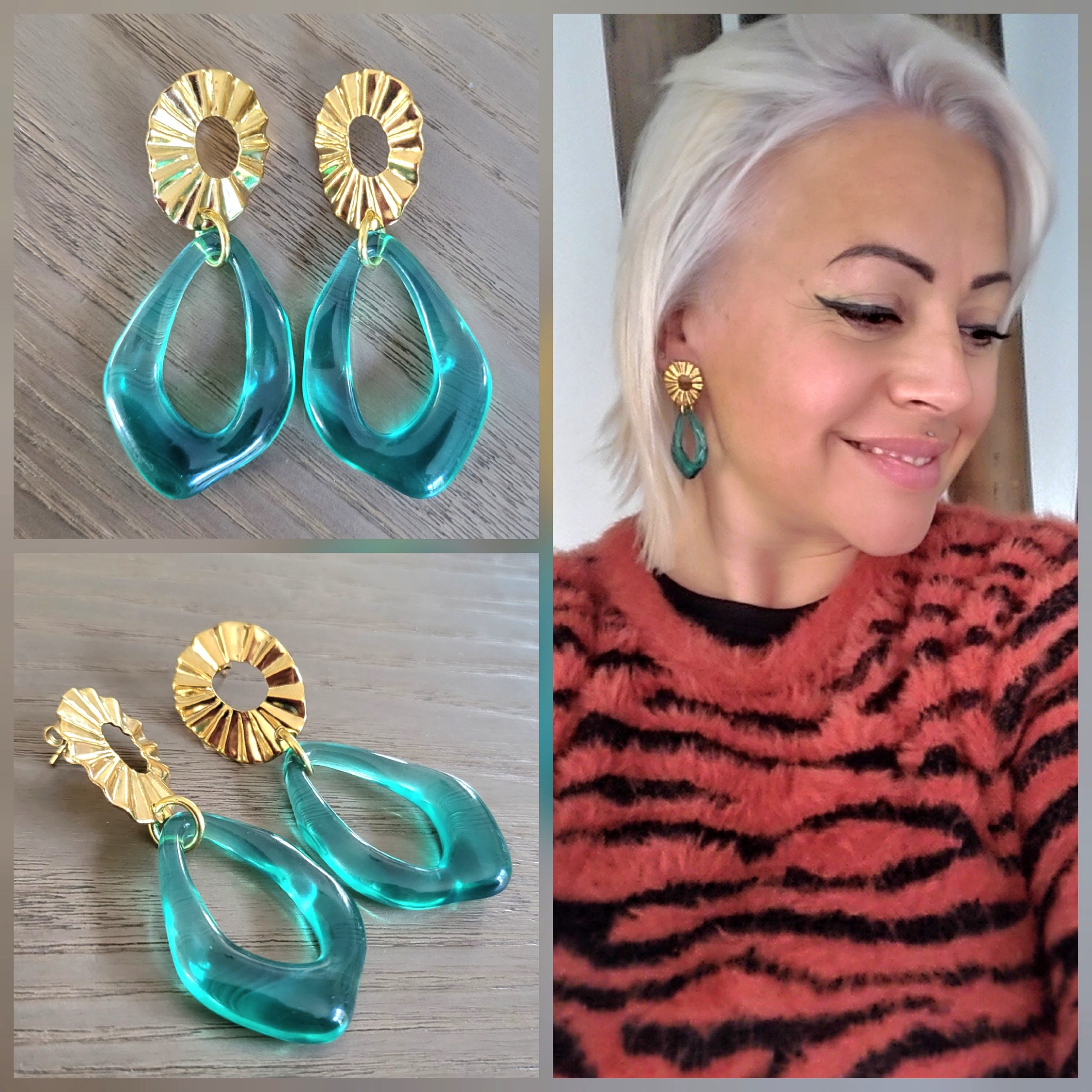 Boucle d'oreille résine translucide et Acier - "Milky" Emeraude