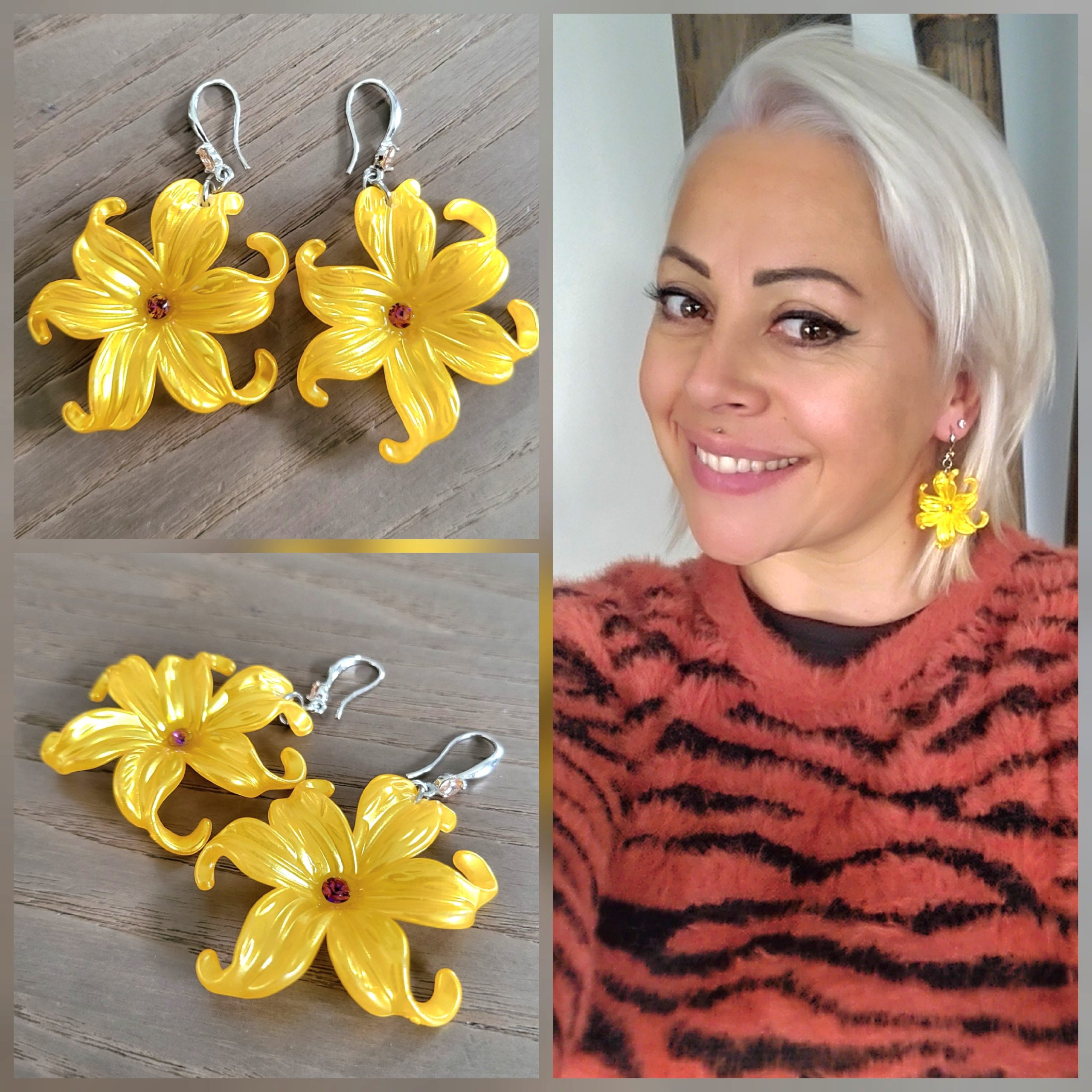 Boucle d'oreille résine nacré et crochet Zirconium - Lys Jaune Orangé
