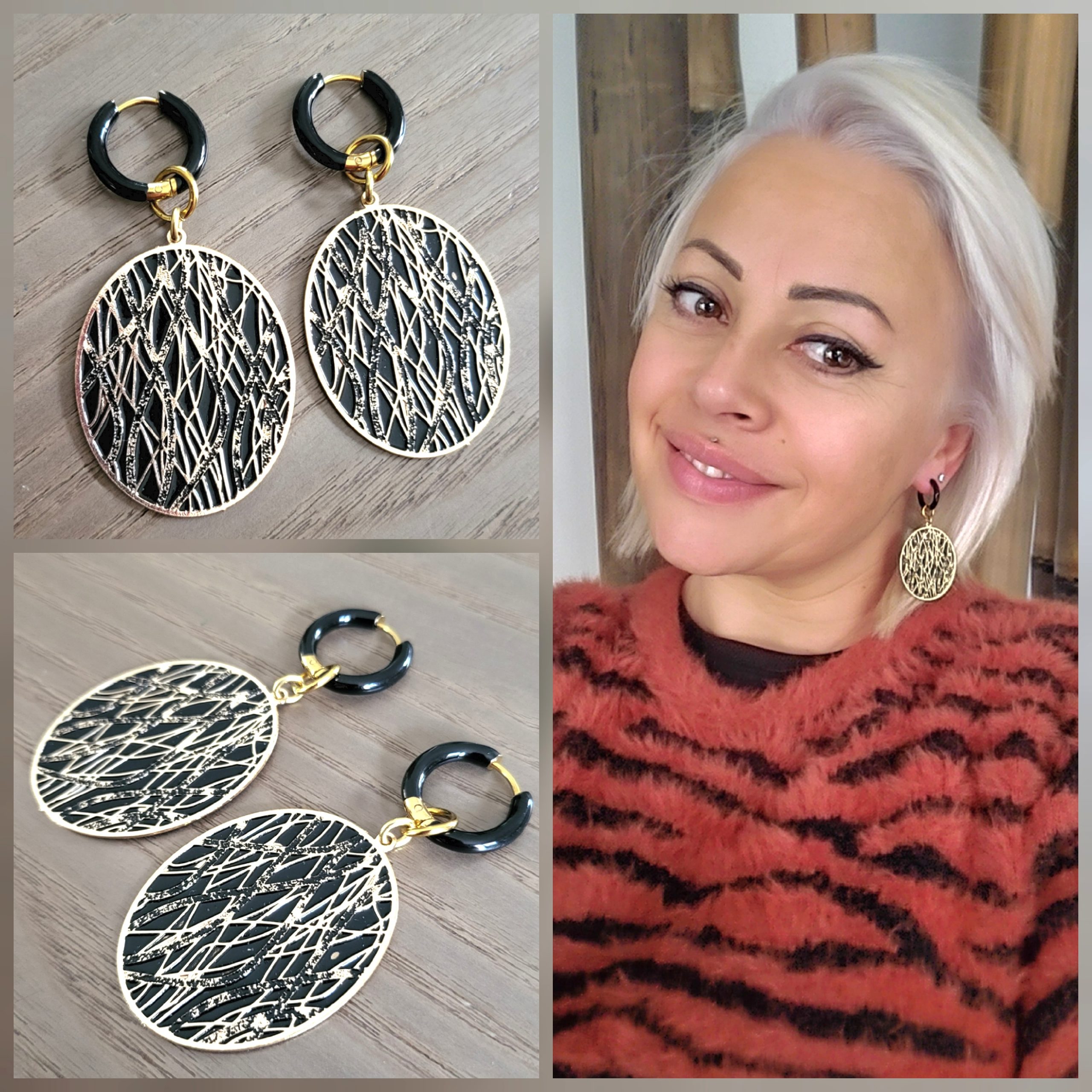 Boucle d'oreille acier doré et laiton décoré - Graphique