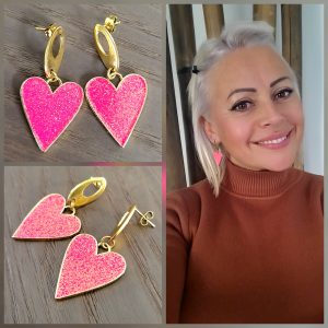 Boucle d'oreille Acier et résine irisée- "Mon Cœur" - Fuchsia