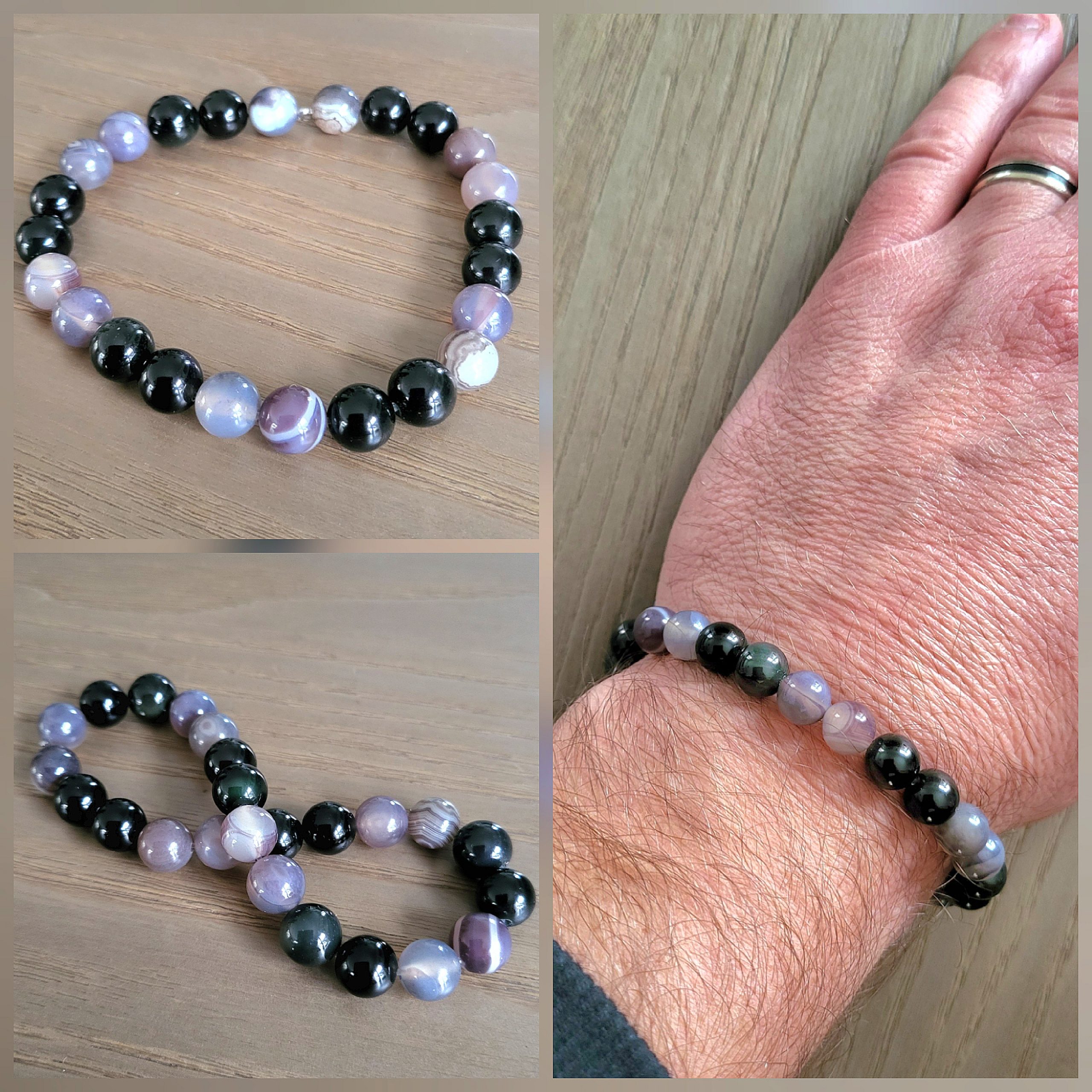 Bracelet Agate choco et Obsidienne 8 mm - Force et Apaisement - Taille 2