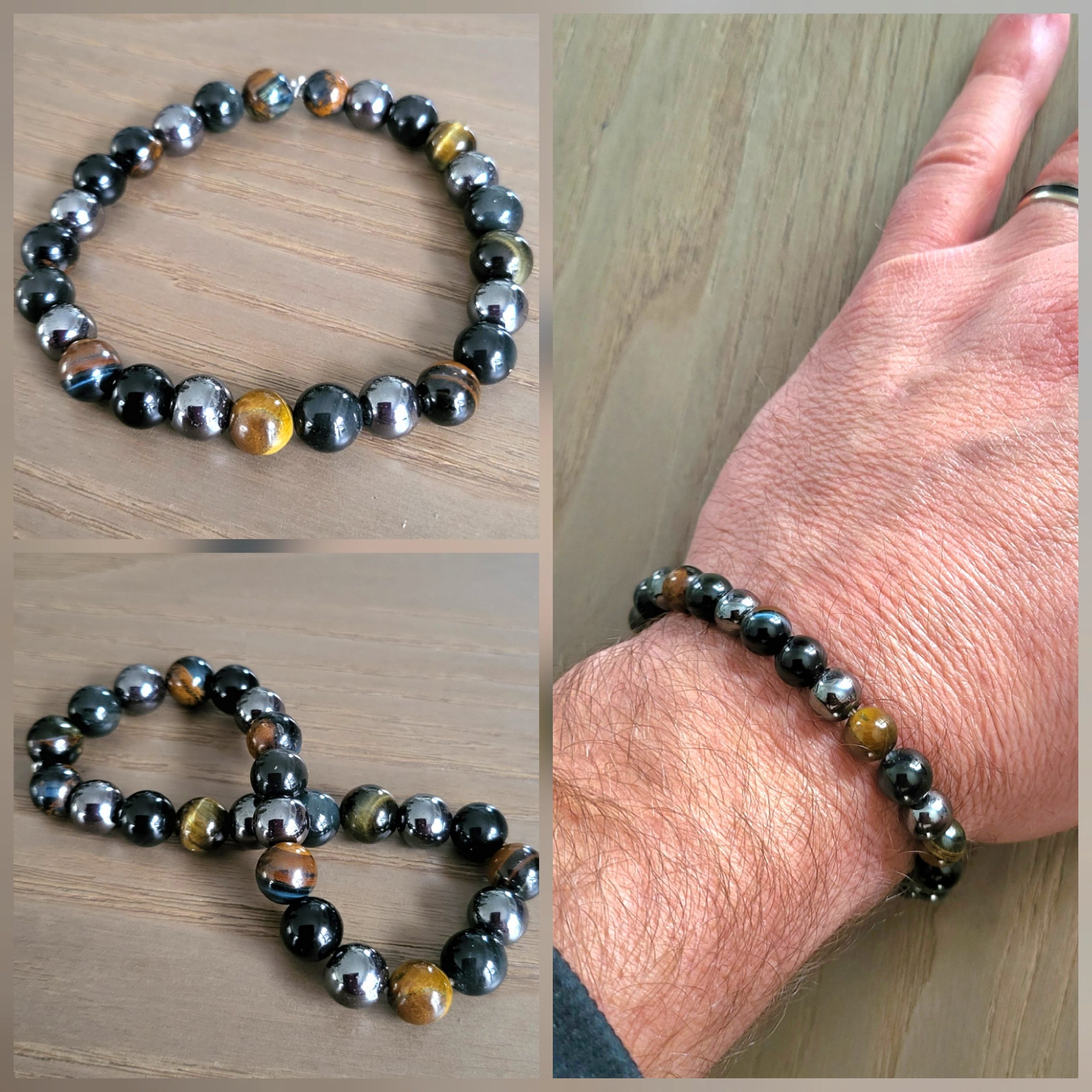 Bracelet Obsidienne, Hématite et Œil de Tigre 8 mm - Protection et Sérénité - Taille 2
