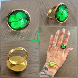 Bague ajustable acier doré St Patrick et cabochon trèfle - Lucky