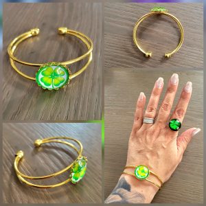 Bracelet ajustable doré St Patrick et cabochon trèfle - Lucky