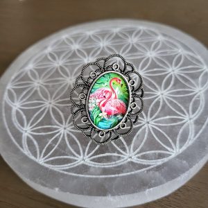 Bague métal argenté, ajustable, cabochon - FLAMY