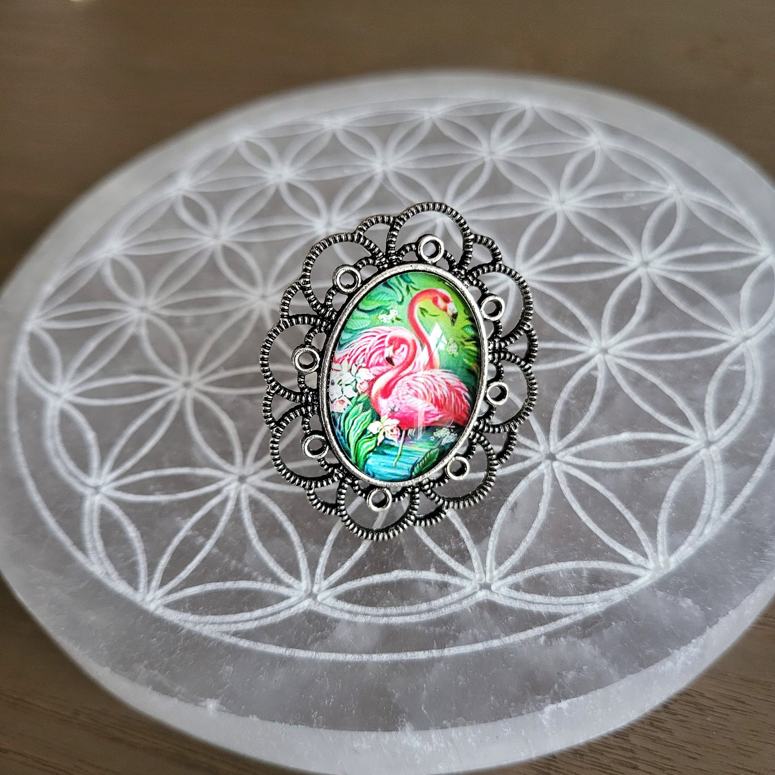 Bague métal argenté, ajustable, cabochon - FLAMY