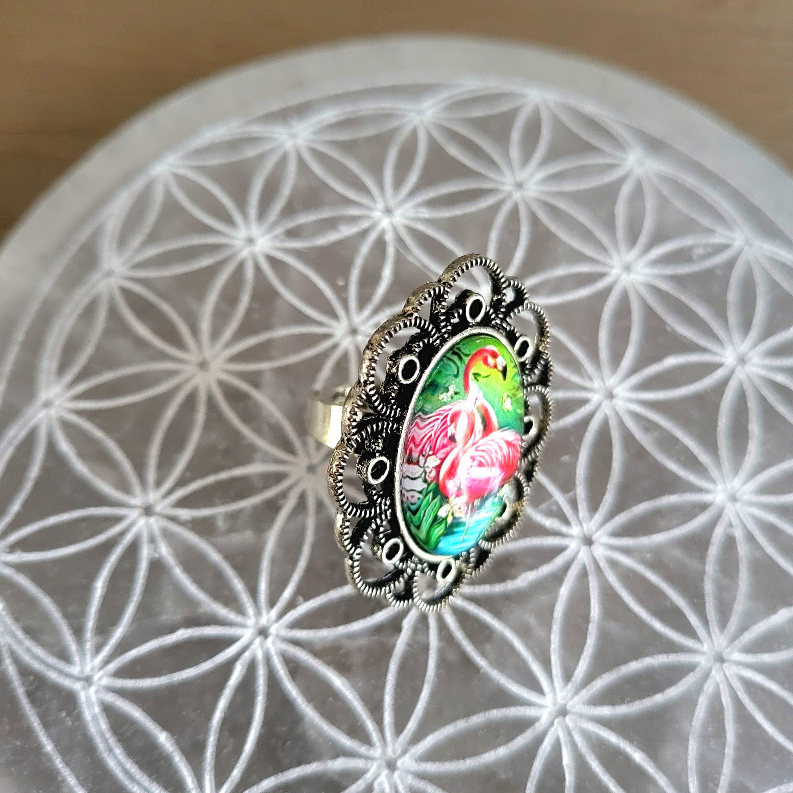 Bague métal argenté, ajustable, cabochon - FLAMY – Image 2