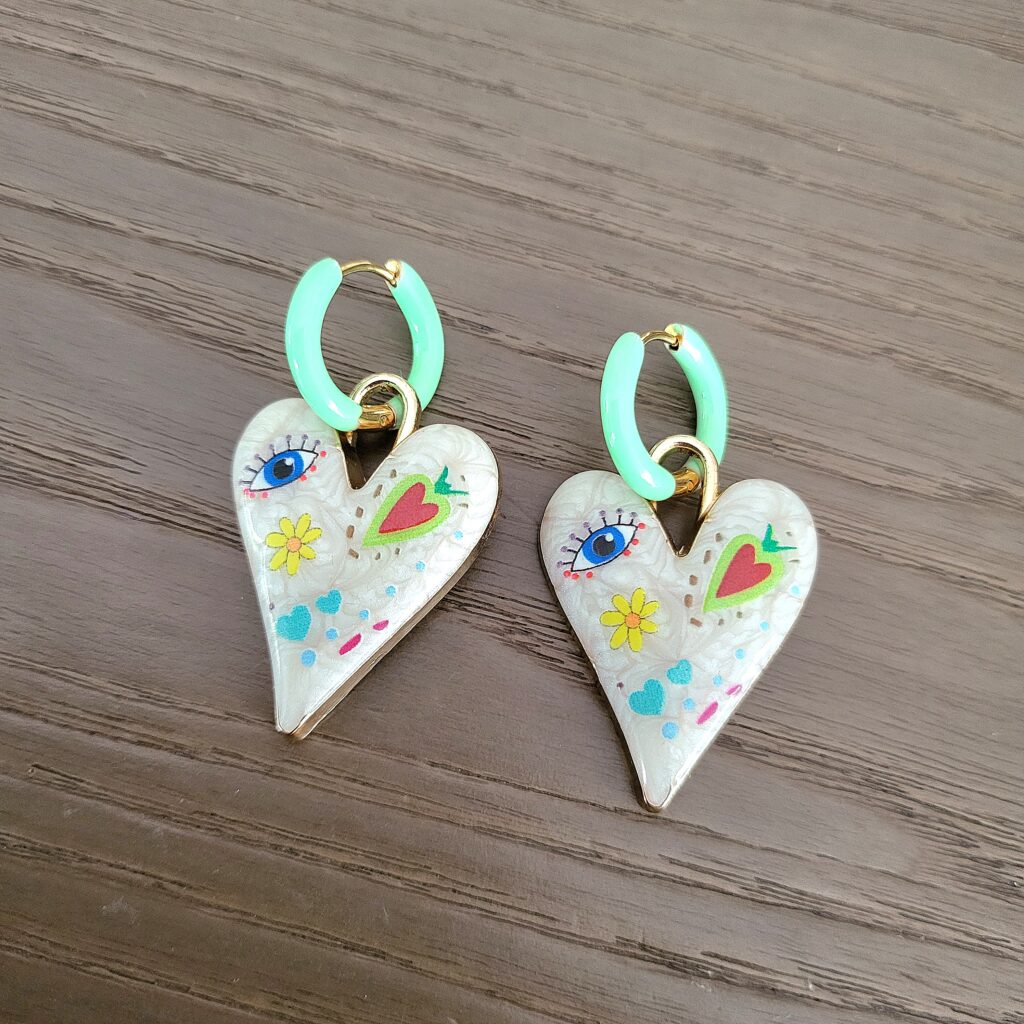 Boucle d'oreille COEUR SACRE, acier émaillé doré - ANIS