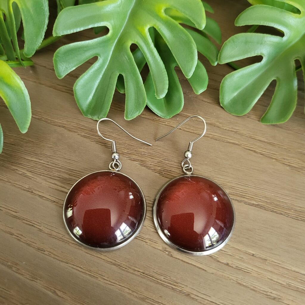 Boucle d'oreille Uni cabochon 25 mm, acier argent 316 - MARRON