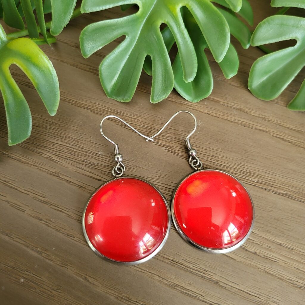 Boucle d'oreille Uni cabochon 25 mm, acier argent 316 - ROUGE