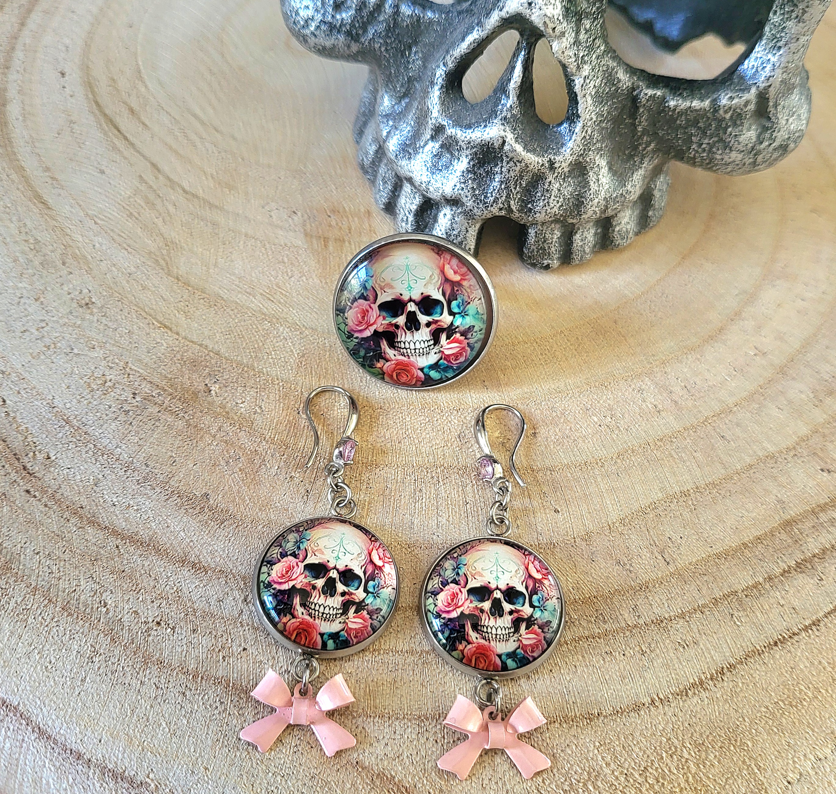Parure Boucle Zirconium et Bague ajustable, acier argenté - SKULL
