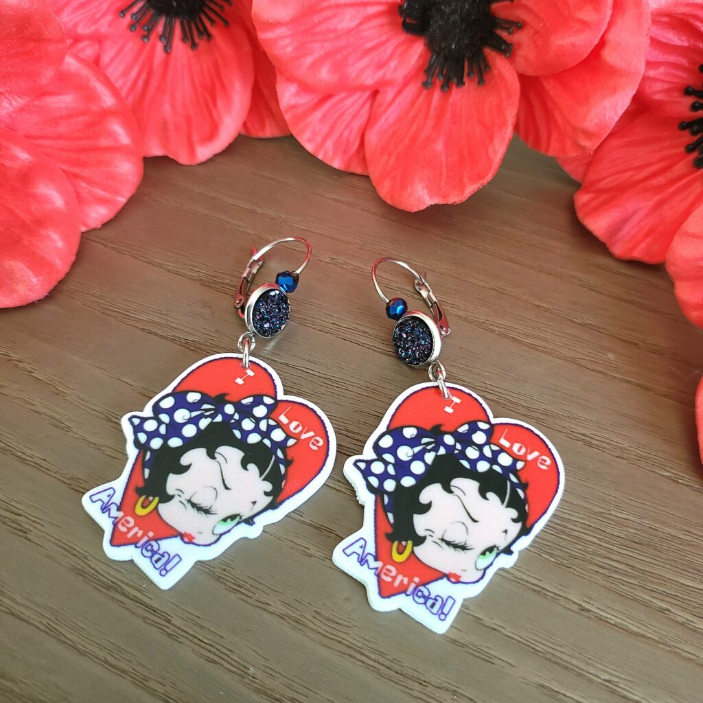 Boucle BETTY BOOP, dormeuse argenté, cabochon et Acrylique - AMERICA