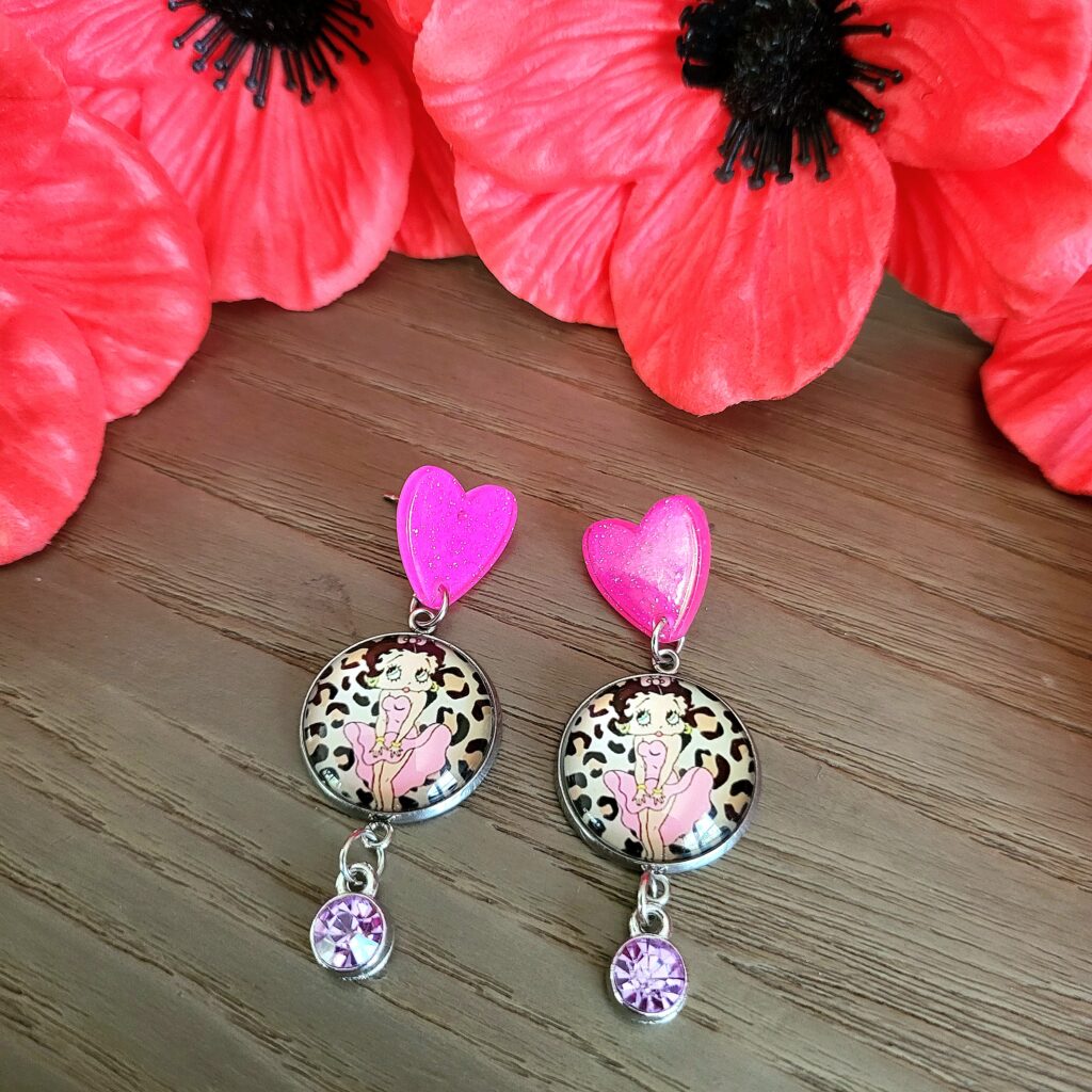 Boucle BETTY BOOP, cabochon et Cristal Zircon - Léopard